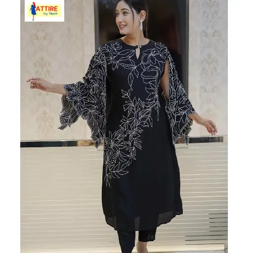 Black Knee Length Kurta with Pants 